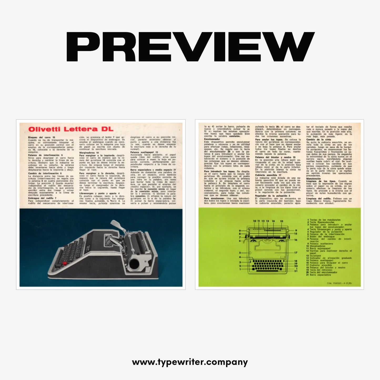 Instruction Manual for Vintage Typewriter Olivetti DL, PDF in Spanish - ElGranero Typewriter.Company
