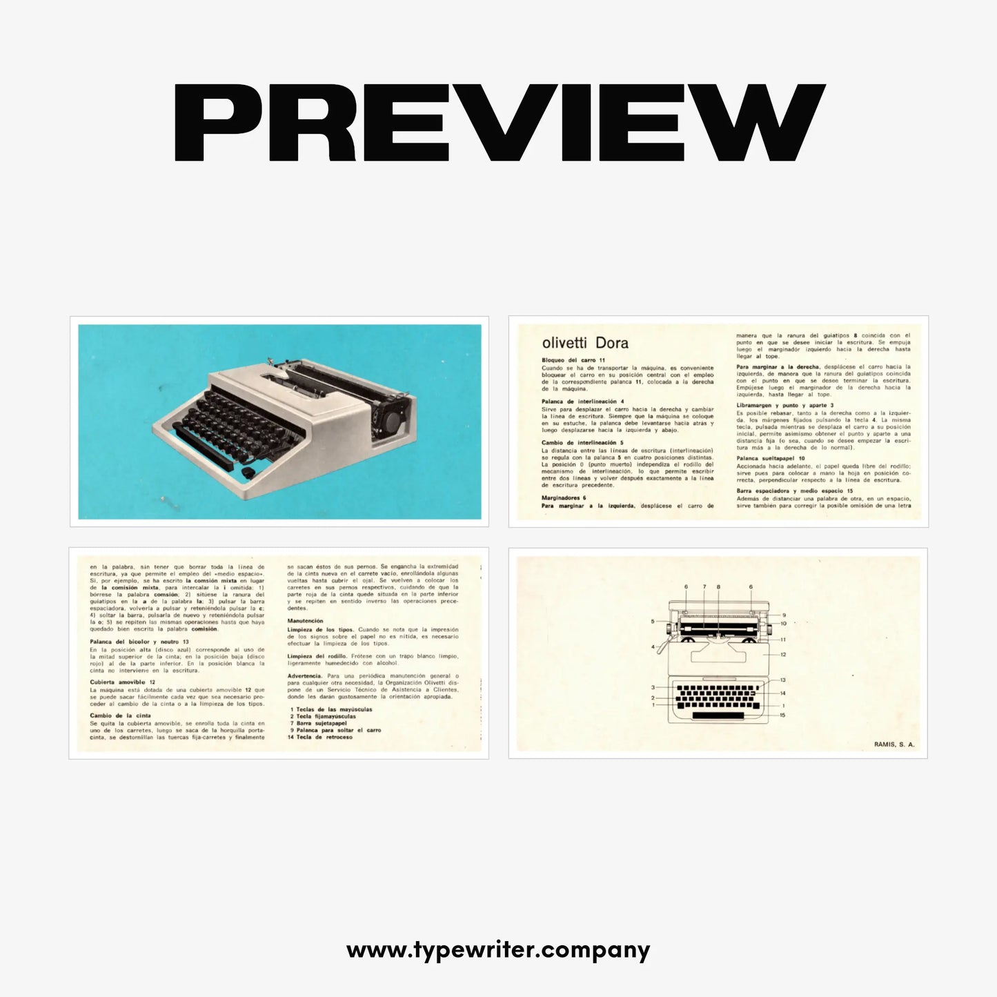 Instruction Manual for Vintage Typewriter Olivetti Dora PDF in Spanish El Granero Typewriter.Company