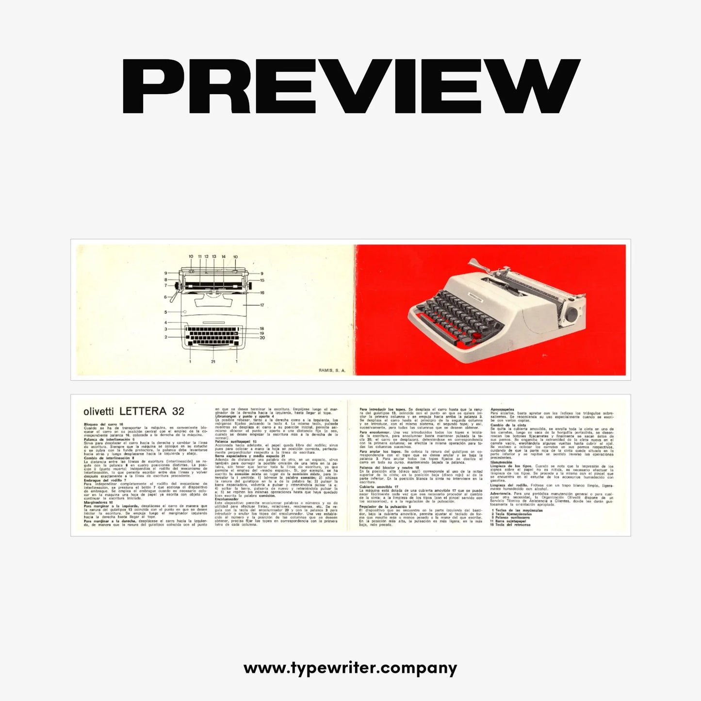 Instruction Manual for Vintage Typewriter Olivetti Lettera 32, PDF in Spanish - ElGranero Typewriter.Company
