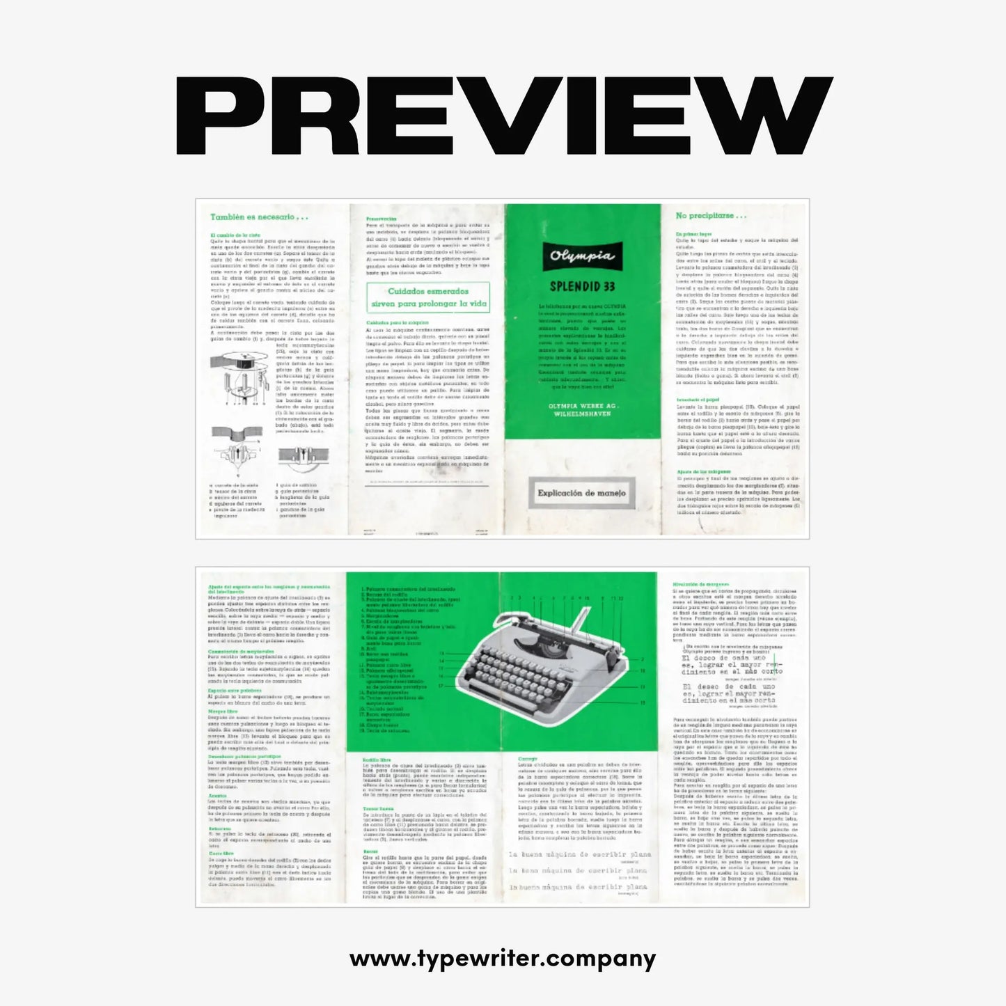 Instruction Manual for Vintage Typewriter Olympia Splendid 33, PDF in Spanish - ElGranero Typewriter.Company