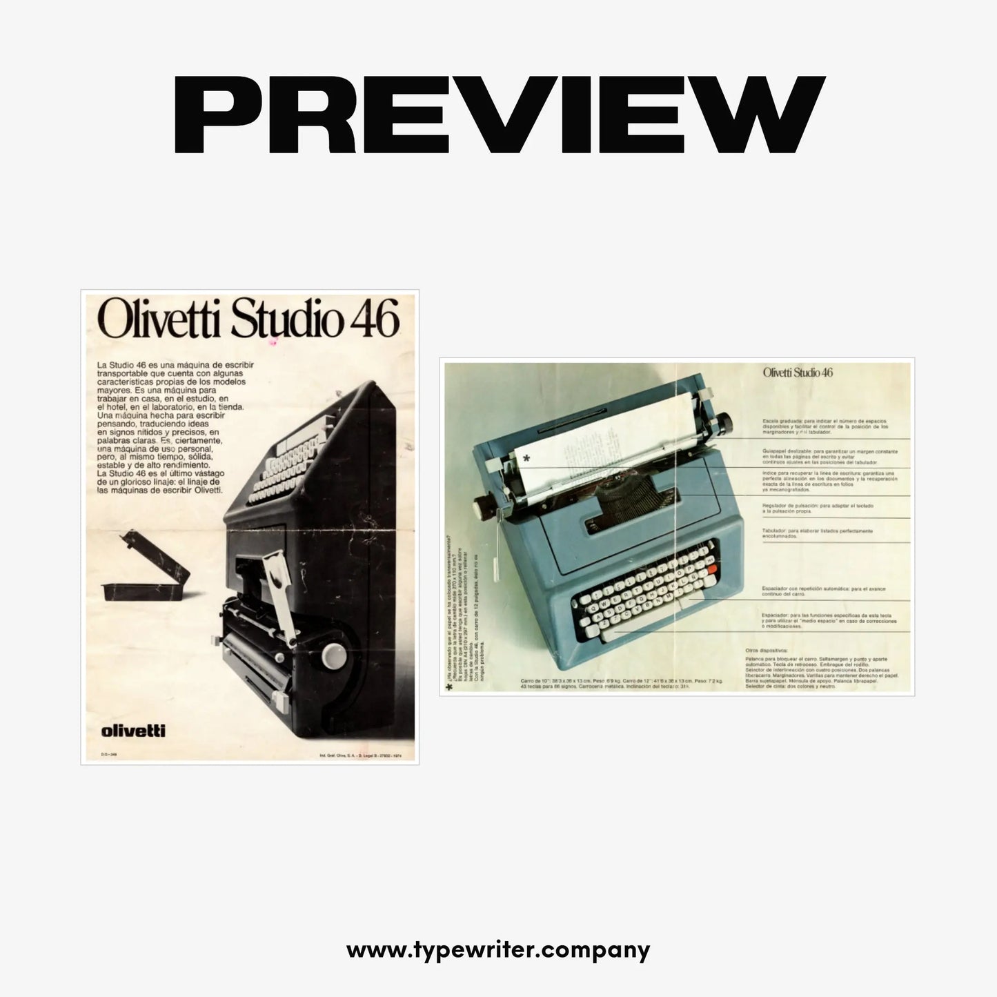Original Vintage Ad for Typewriter Olivetti Studio 46, PDF in Spanish - ElGranero Typewriter.Company