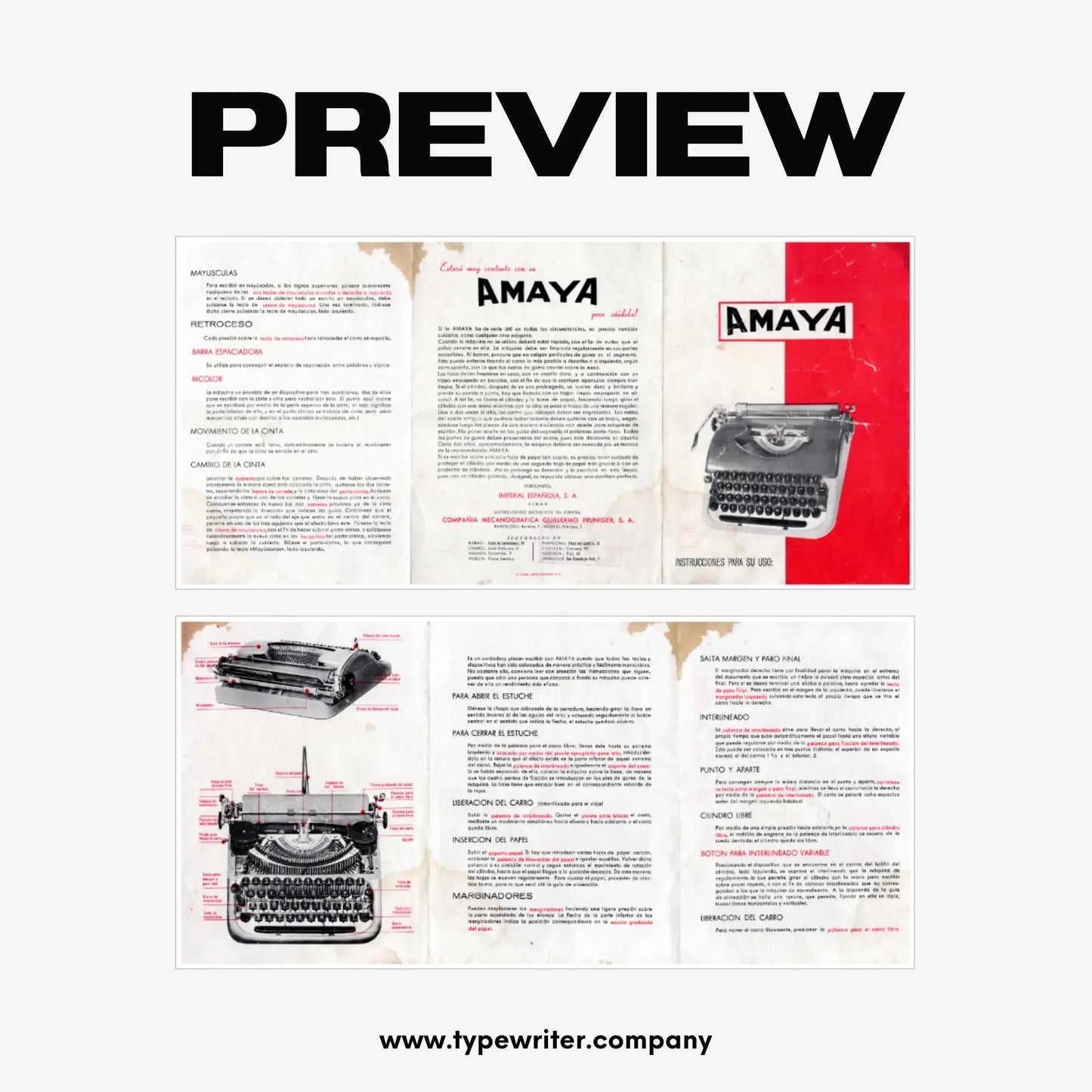 Instruction Manual for Vintage Typewriter Amaya / Patria, PDF in Spanish, 1950s - ElGranero Typewriter.Company